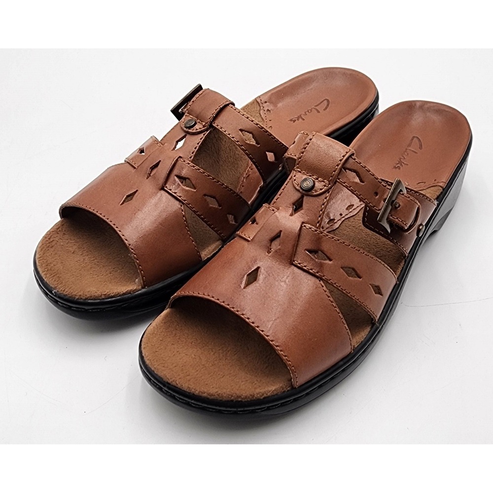 Clarks Honee Slide Sandals Womens 7.5 Tan Leather Cutout Wedge 72682 NOS EXC